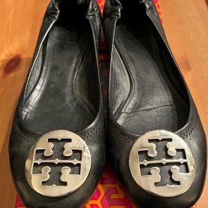 Tory Burch Black and Silver Reva Ballet Flats Size 7